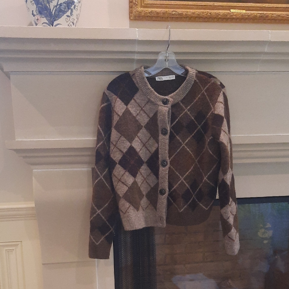 Zara Brown Argyle Button-Up Cardigan